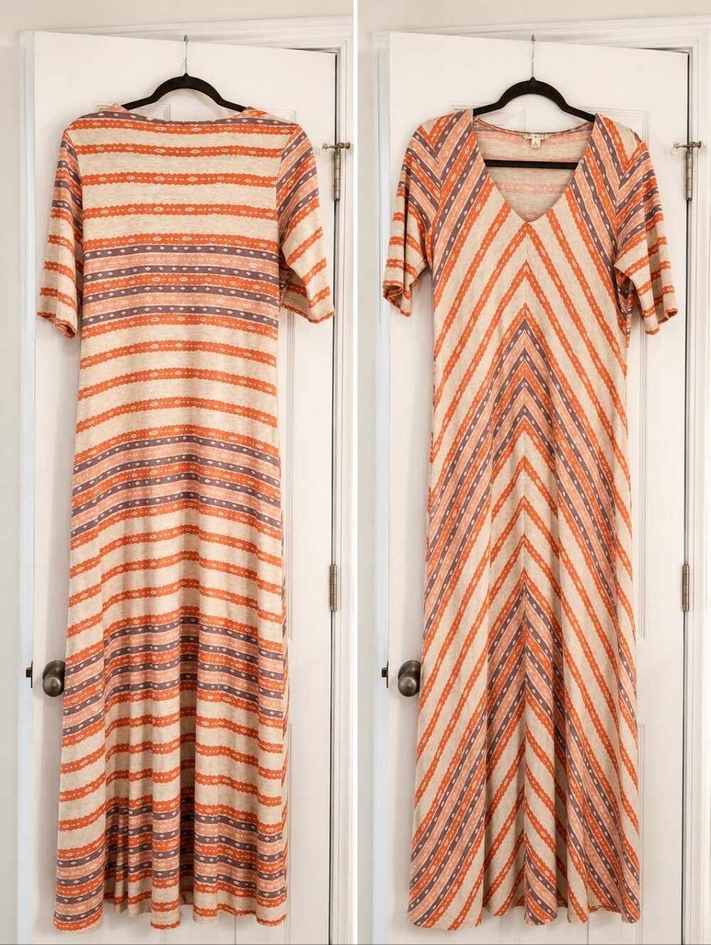 Women’s Striped V-Neck Maxi Dress in Cream, Coral, and Taupe